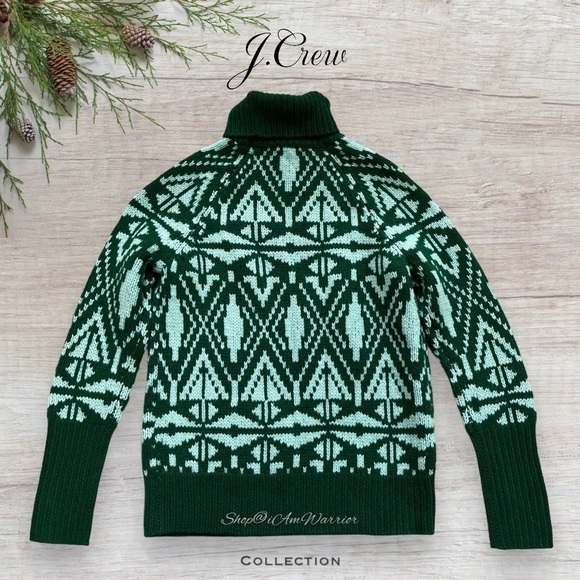J.Crew Collection pine/aqua multiply 100% cashmere fairisle turtleneck sweater - Picture 9 of 15